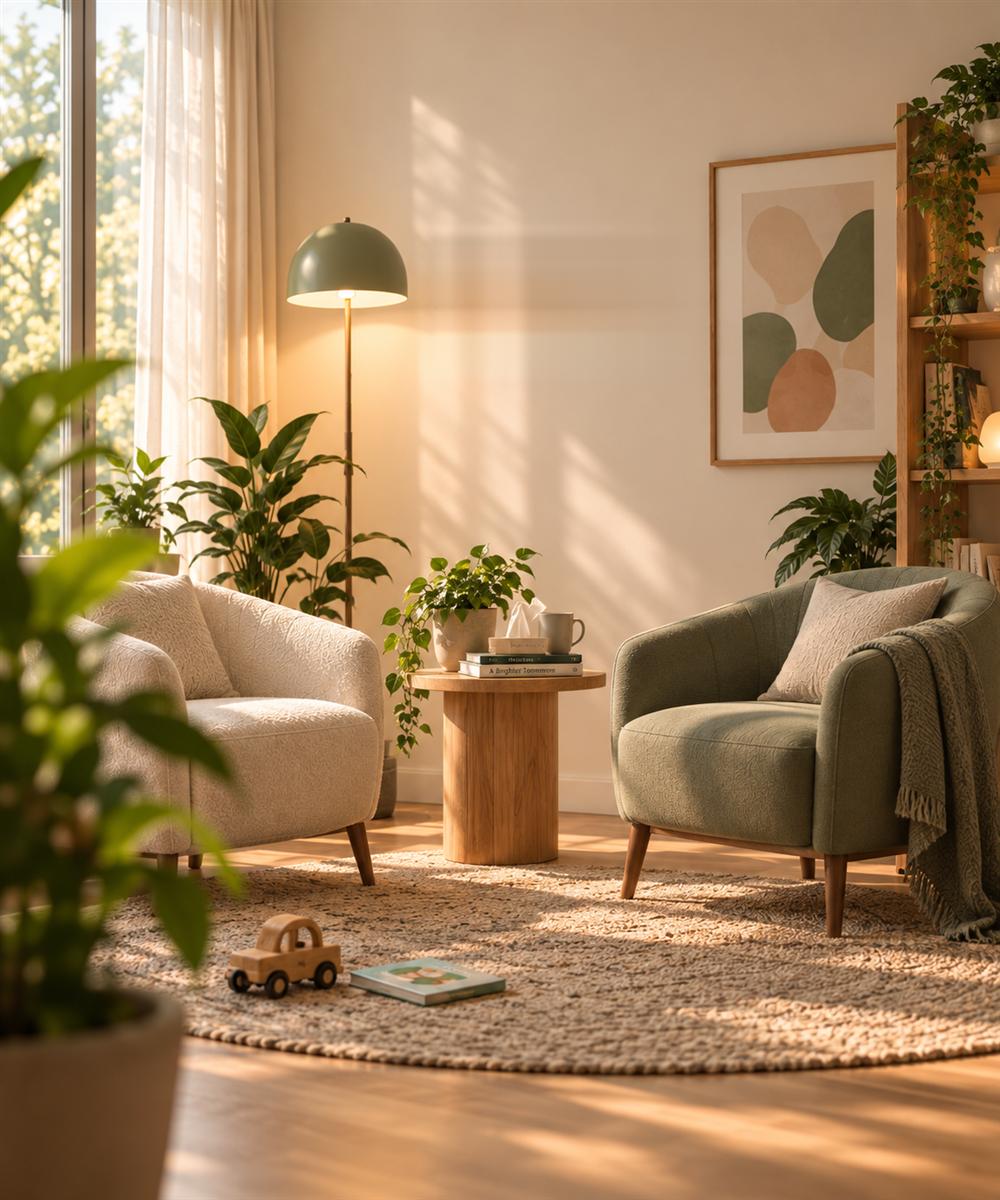 A warm, sunlit therapy room with two comfortable chairs, plants and a soft rug