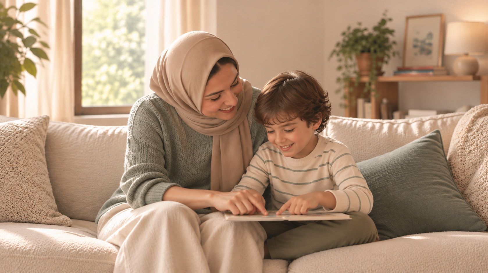 A mother and her child reading together at home