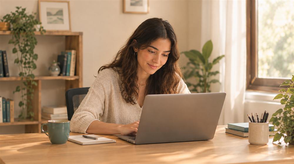 A therapist working at a laptop in a home office